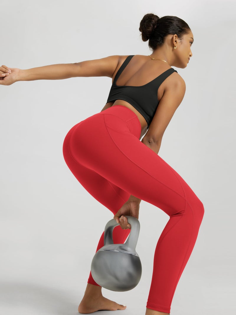 ODODOS Women's High Waisted Full Length Yoga Leggings with Pockets, 28" Inseam Tummy Control Non See Through Workout Athletic Running Yoga Pants, Red, Large - Image 4